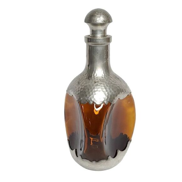 Vtg 70s Hammered Royal Holland Pewter Pinched Amber Glass Triangle Decanter - Picture 4 of 11